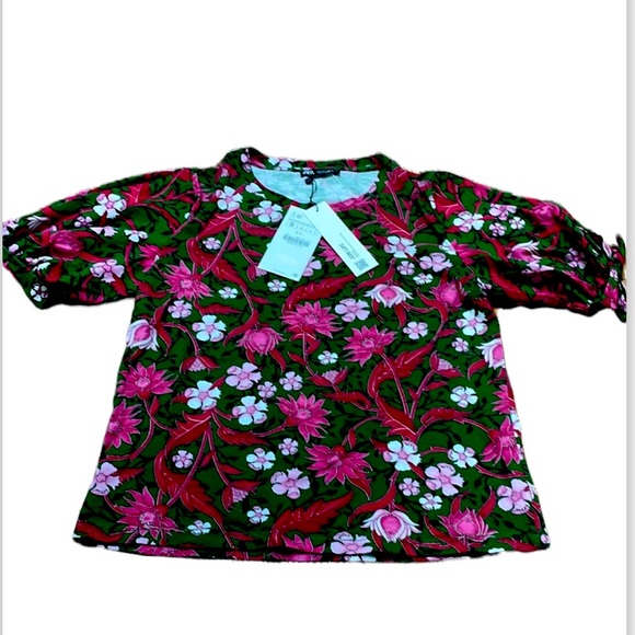 New Zara Print  Floral Tied Puffy sleeves  top - Picture 6 of 7